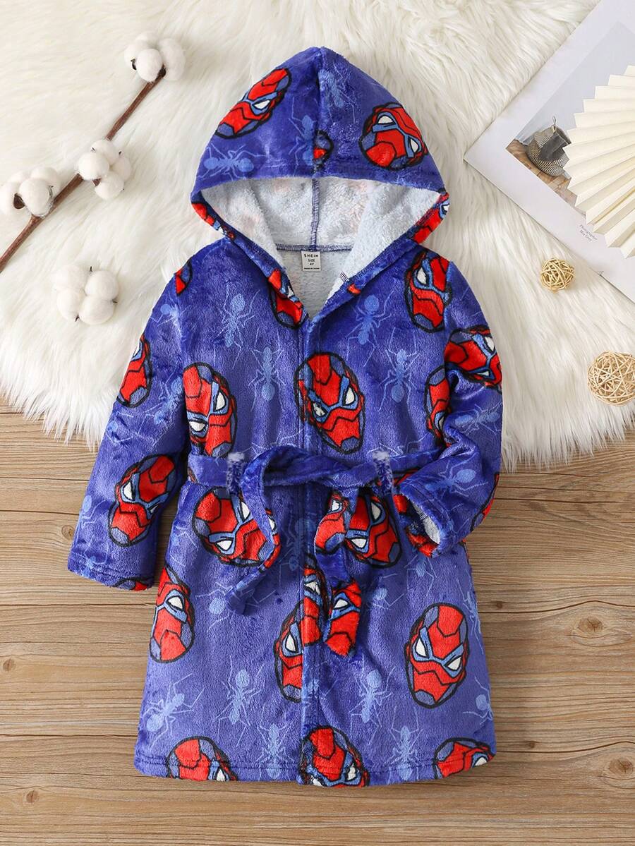 SHEIN 秋冬季男童超级英雄印花保暖连帽睡衣浴袍 - 藍色 - 查看 1