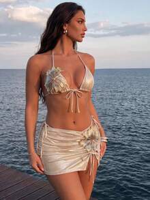 Swim Oasis 3pcs/Set Summer New Shiny Fabric Sequin Embroidery Floral Triangle Bikini Push Up Swimwear For Women - Apricot - View 1
