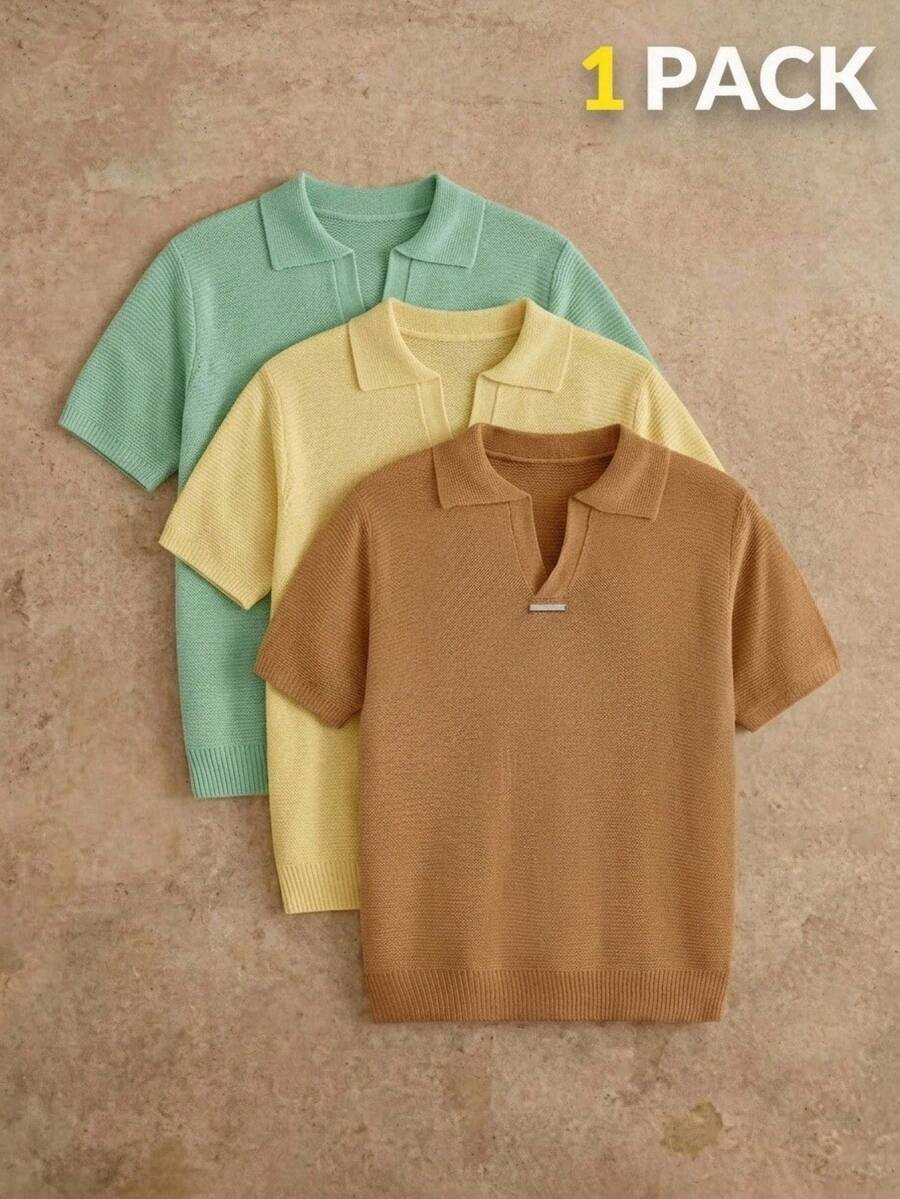 HIMLAND Men's Solid Color Casual Versatile Daily Travel Knit Short Sleeve Top Holiday Camel Summer - Coffee Brown - View 1
