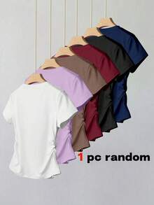 Tween Girls 女童 T-Shirt，1 件隨機短袖 T-Shirt，簡約收腰修身圓領短袖 T-Shirt，適合夏季，個性化 T-Shirt，適合春夏，輕鬆舒適，家庭出遊季節，家庭出遊，優雅穿搭，舒適易穿 - 彩色 - 查看 2