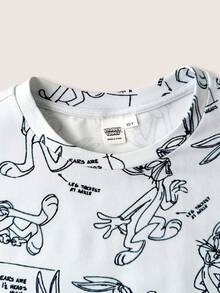 LOONEY TUNES X SHEIN 青少年男孩卡通印花短袖上衣與短褲家居服 - 灰色 - 查看 3
