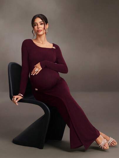 SHEIN Maternity Burgundy Elegant Rose Gold Autumn Long Sleeve Metallic Decor Cinched Waist Bodycon Dress Party Gown Fall