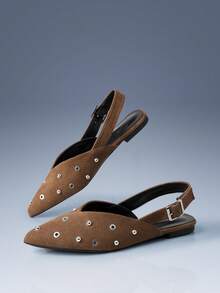CUCCOO GRLICON Vintage Khaki Suede Pointed Flat Shoes Women's Rivets, Gas Eye Decoration, Rear Strap, Low Vamp Mary Jane Shoes - Khaki - View 1