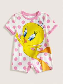 LOONEY TUNES X SHEIN 女嬰波點印花短袖休閒連身衣 - 粉色 - 查看 1