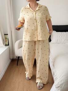 Napfluff CURVE Napfluff CURVE Plus Size Bubble Crinkle Plaid Lemon Print Button-Up Lapel Pajama Set - Yellow - View 2