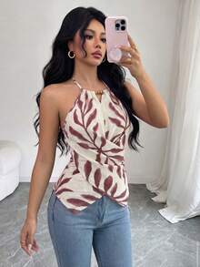 SHEIN Clasi 女款夏季優雅熱帶歐式休閒黑白豹紋葉片印花無袖掛脖蝴蝶結背心上衣 度假園遊會適用 - 彩色 - 查看 4