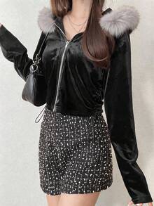 FRIFUL Sweatshirt Wanita Gaya Korea Musim Gugur Warna Polos dengan Kerah Bulu Besar - Hitam - View 4