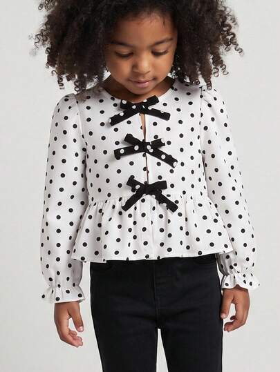 Maija Kids Maija Kids 1pc Kids Young Girls Elegant Academy Casual Exquisite Comfortable Basic Versatile Cute Polka Dot Pattern Bow Decor Black & White Round Neck Long Sleeve Blouse, Suitable For Back To School, Outings, Casual Activities, Gatherings, Autumn, Winter
