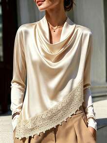 RosyDaze Women's Elegant Commute Lace Patchwork Cowl Neck Blouse - Champagne - View 1