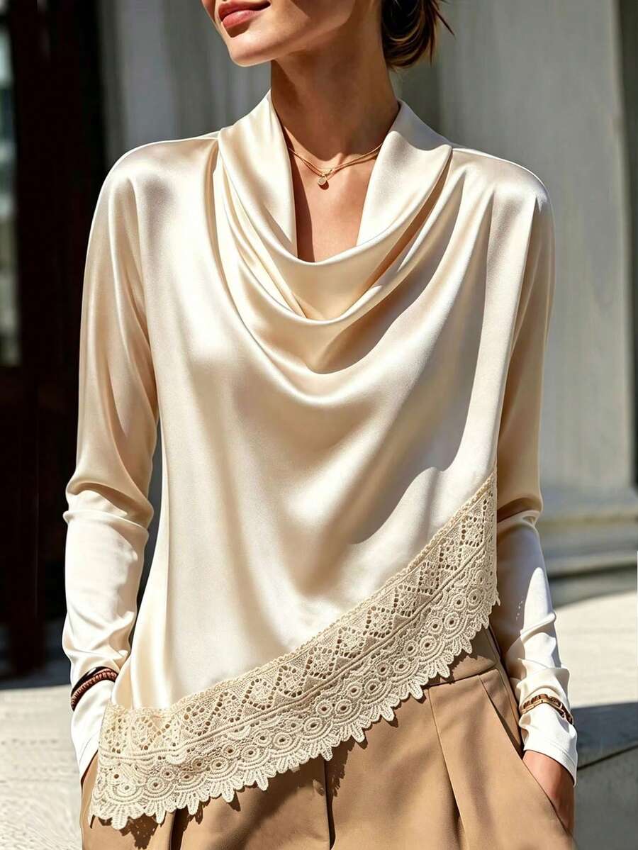 RosyDaze Women's Elegant Commute Lace Patchwork Cowl Neck Blouse - Champagne - View 1