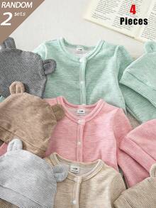 SHEIN 盲盒 6 件 2 套裝 秋冬薄款短毛絨新生兒嬰兒男/女嬰針織圓領長袖連身衣附 3D 耳朵帽子，多色親膚柔軟復古細條紋睡衣居家服 - 彩色 - 查看 8