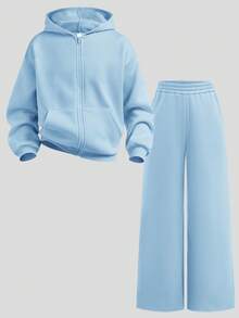 SHEIN 兒童青少年女孩嬰兒藍刺繡休閒運動長袖寬鬆衛衣套裝 2件組，適合秋冬機場度假 - 藍色 - 查看 10