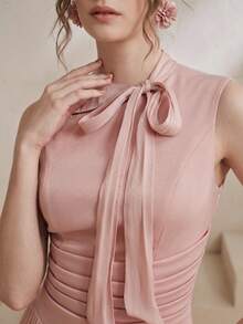 Anewsta Elegant Women's New Party Banquet Lotus Pink Shiny Fabric Patchwork Neckline Tie Bow Sleeveless Waist-Cinching A-Line Long Dress - Dusty Pink - View 3