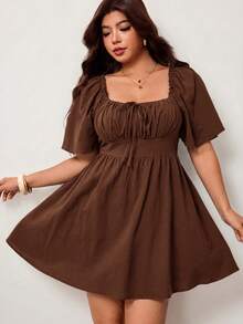 Enliva Plus Size Women's Spring/Summer New Casual Daily Wear, Suitable For Party, Date, Birthday, Music Festival, Back To School, Commute, Vacation And More Occasions, Ruffle Short Sleeve Dress, Off-Shoulder Design, Soft Cotton Blend Fabric, Loose Fit, Short Length, Black, Plus Size Available - Brown - View 11