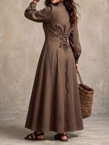 Linhara CURVE Vestido largo de talla grande para mujer, color liso, con solapa y abertura delantera, para primavera/otoño/invierno, uso casual/campestre/diario - Café integral - Ver 2