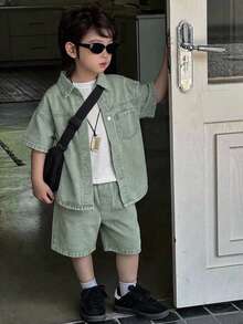 DAZY Young Boys Turn Collar Short Sleeve Washed Denim Top Denim Set - Light Wash - View 1