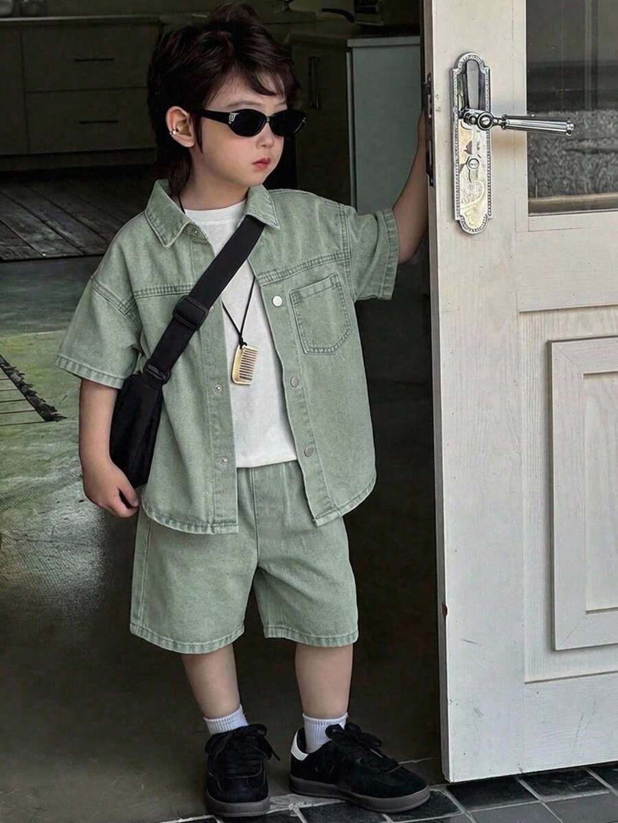 DAZY Young Boys Turn Collar Short Sleeve Washed Denim Top Denim Set - Light Wash - View 1