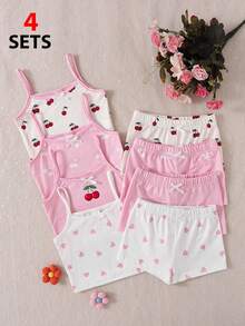 Souflis Souflis 8件組女童幼兒簡約時尚粉色與白色甜美愛心睫毛波點印花背心內衣與短褲套裝 - 淺粉色 - 查看 3