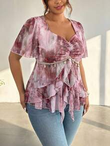 Firerie Plus Size Women Sweetheart Collar Pleated Ruffle Hem Blouse - Pink - View 4