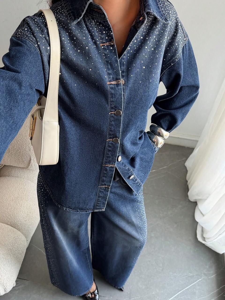 Women's Rhinestone Blouse And Straight Leg Pants Casual 2 Pieces Denim Set