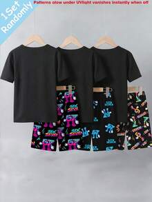 [Random 1 Set ] Tween Boys Pajamas,Black Summer Cute Night Luminous Digital 67 Print,Tight Fit High Stretch Short Sleeve&Shorts 2pcs,Snug Fit - Black - View 2