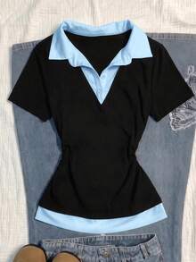 兒童青少年女孩夏季新款黑白配色拼接 2 合 1 拼接 Polo 領短袖 T 恤，休閒學院風 - 黑色 - 查看 7