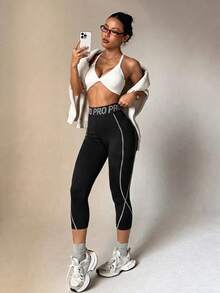 Velisys Velisys Women's Plus Size Letter Waistband Daily Fitness Sports Leggings - Black - View 5