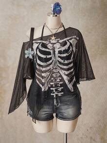 SHEIN ICON 大尺碼女款萬聖節骷髏印花網紗上衣 - 彩色 - 查看 3