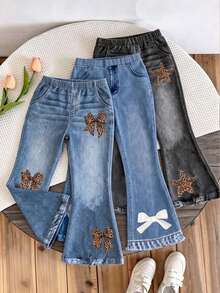 SHEIN Elladie kids 4-7歲女孩 2件/包（3款隨機2款）甜美可愛數位印花鬆緊腰喇叭牛仔褲，適合日常穿著與外出 - 彩色 - 查看 3