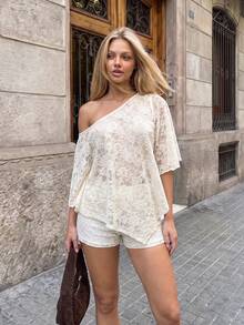 TRNVIE Fashion Jacquard Fabric Apricot Asymmetric Neck Cape And Shorts Women's 2 Pieces Set - Apricot - View 6