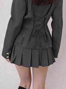FRIFUL Women's Early Autumn New Korean Style Striped Fabric Back Tie Bow Knot Blazer Cute Tops - Grey - View 1