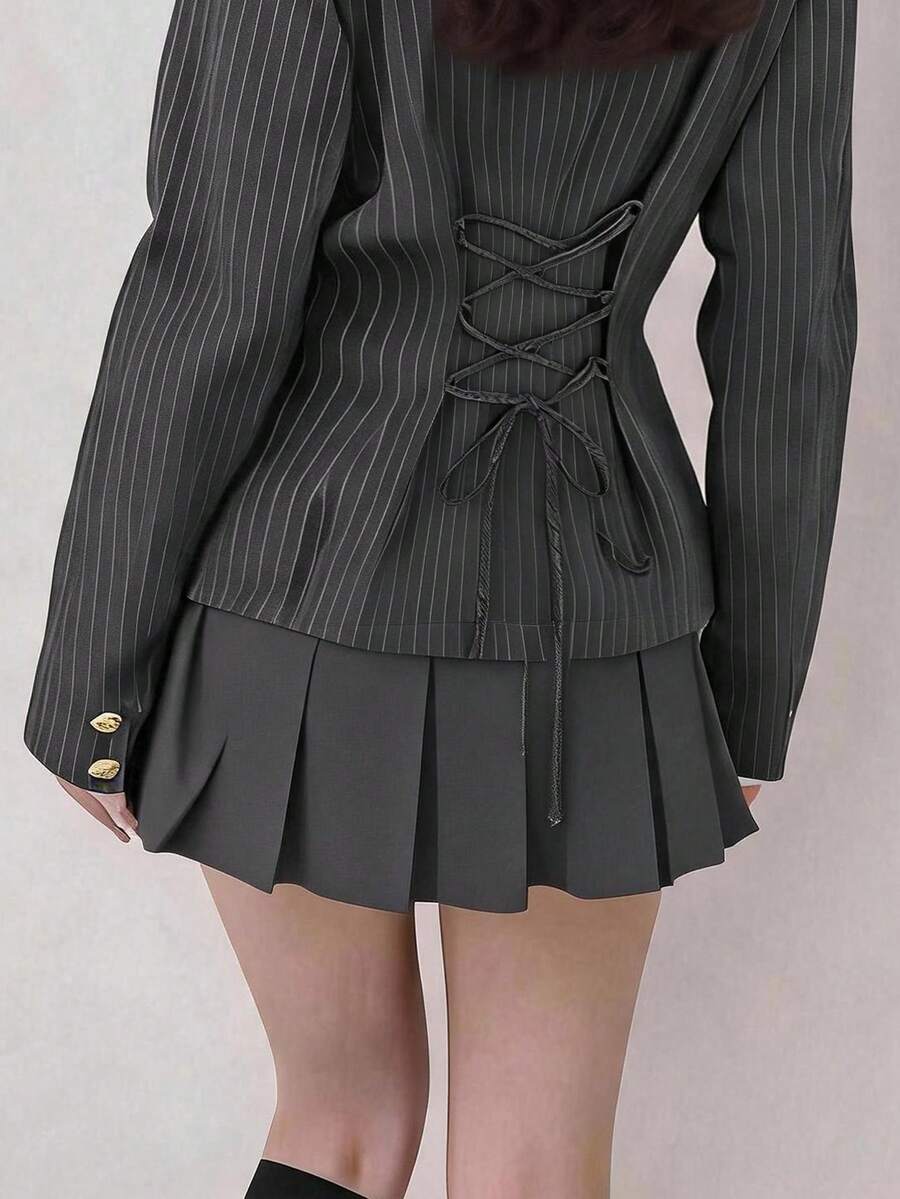 FRIFUL Women's Early Autumn New Korean Style Striped Fabric Back Tie Bow Knot Blazer Cute Tops - Grey - View 1