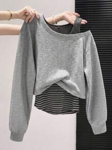 DAZY Women's Patchwork Striped 2 In 1 Long Sleeve Loose Casual Sweatshirt Fall - Grey - View 5