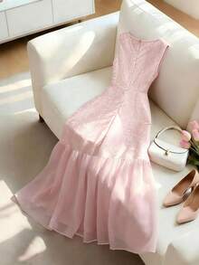 GlowEve CURVE Women's Plus Size Jacquard Shiny Dusty Pink Patchwork Chiffon Mid-Length Dress Wedding Evening Summer Elegant - Pink - View 2