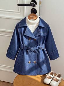 SHEIN Playful Pals 1件嬰兒男/女童 T 型腰帶設計簡約街頭風秋季辦公穿搭時尚校園夾克 - 藏蓝色 - 查看 3
