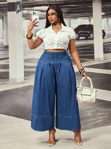 Slaydiva Plus Size Women's High Waist Pleated Wide Leg Loose Casual Non-Stretch Denim Jeans - Dark Wash - View 7