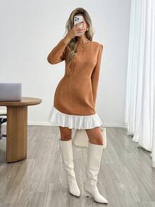 Easowa Women's Vintage Elegant Long Sleeve Ruffle Patchwork Dress For Business Office - Khaki - View 1