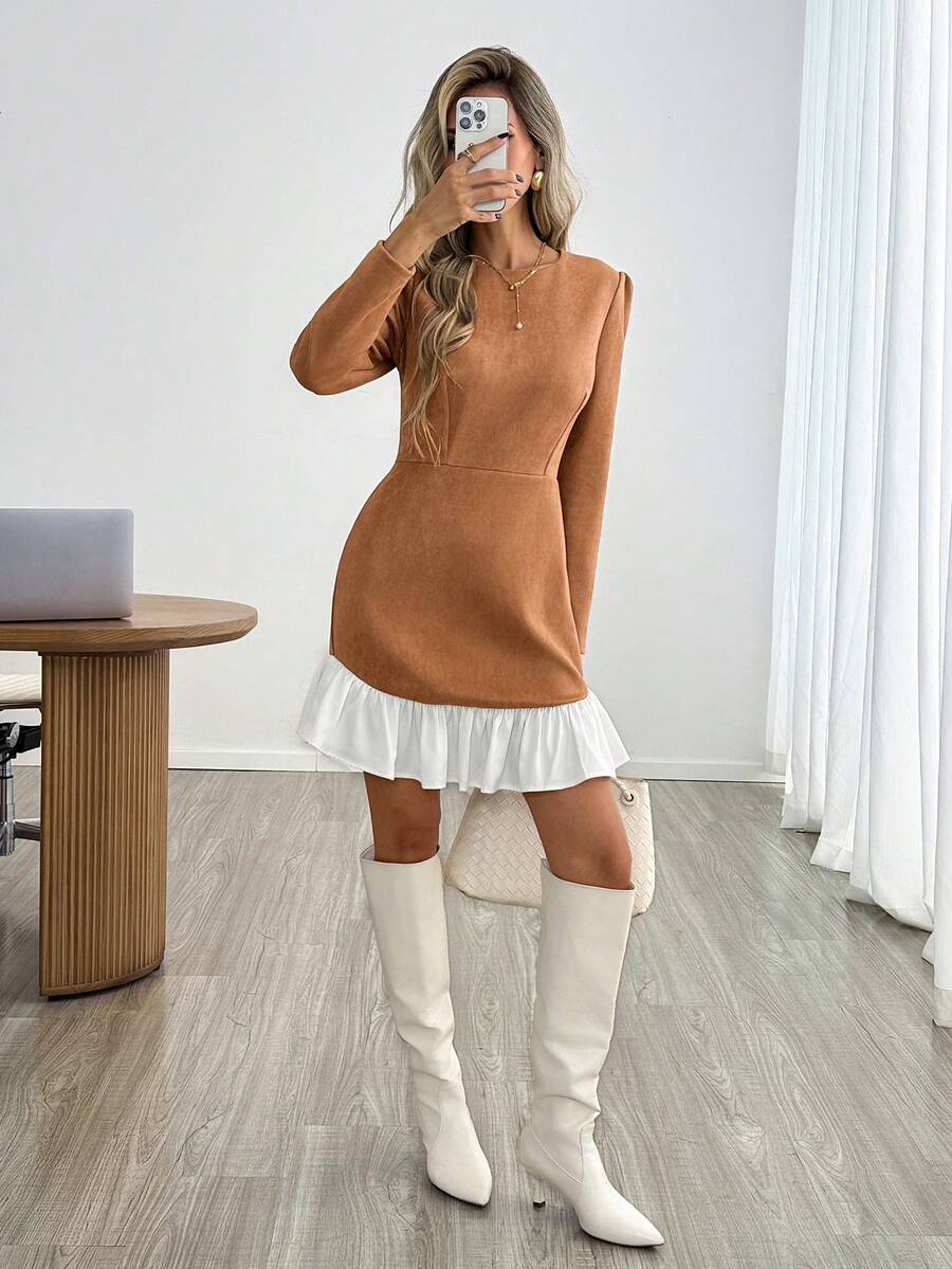 Easowa Women's Vintage Elegant Long Sleeve Ruffle Patchwork Dress For Business Office - Khaki - View 1