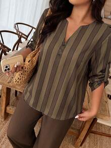 Weeklong Conjunto de 2 piezas para mujer talla grande con blusa de cuello con muesca y botones, estampado floral y Bottom de unicolor en contraste, estampado aleatorio - Multicolor - Ver 8