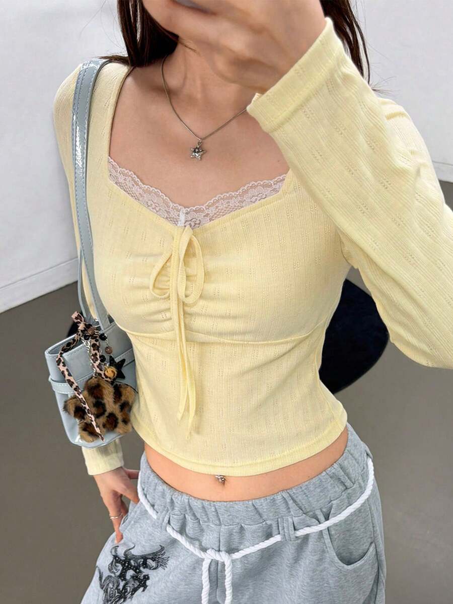 K-Vae Minimalist Romantic Rustic Lace Trim Tie-Front Long Sleeve T-Shirt Date Everyday Pale Yellow Autumn - Light Yellow - View 1