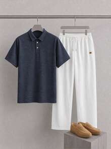 Manfinity VCAY Men's Solid Color Short Sleeve Polo Shirt And Drawstring Waist Long Pants Casual Set - Black and White - View 2