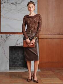 Anewsta Spring/Autumn Deep Brown Draped Neck Hollow Floral Lace Fitted Long Sleeve Sheer Commute Date Layering Inner Wear Women's T-Shirt - Brown - View 3