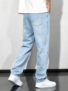Manfinity Denimwave 男士復古淺藍色水洗寬腿牛仔褲，經典中腰無彈力牛仔長褲，復古磨損貓鬚直筒牛仔褲，休閒街頭風 - 藍色 - 查看 4