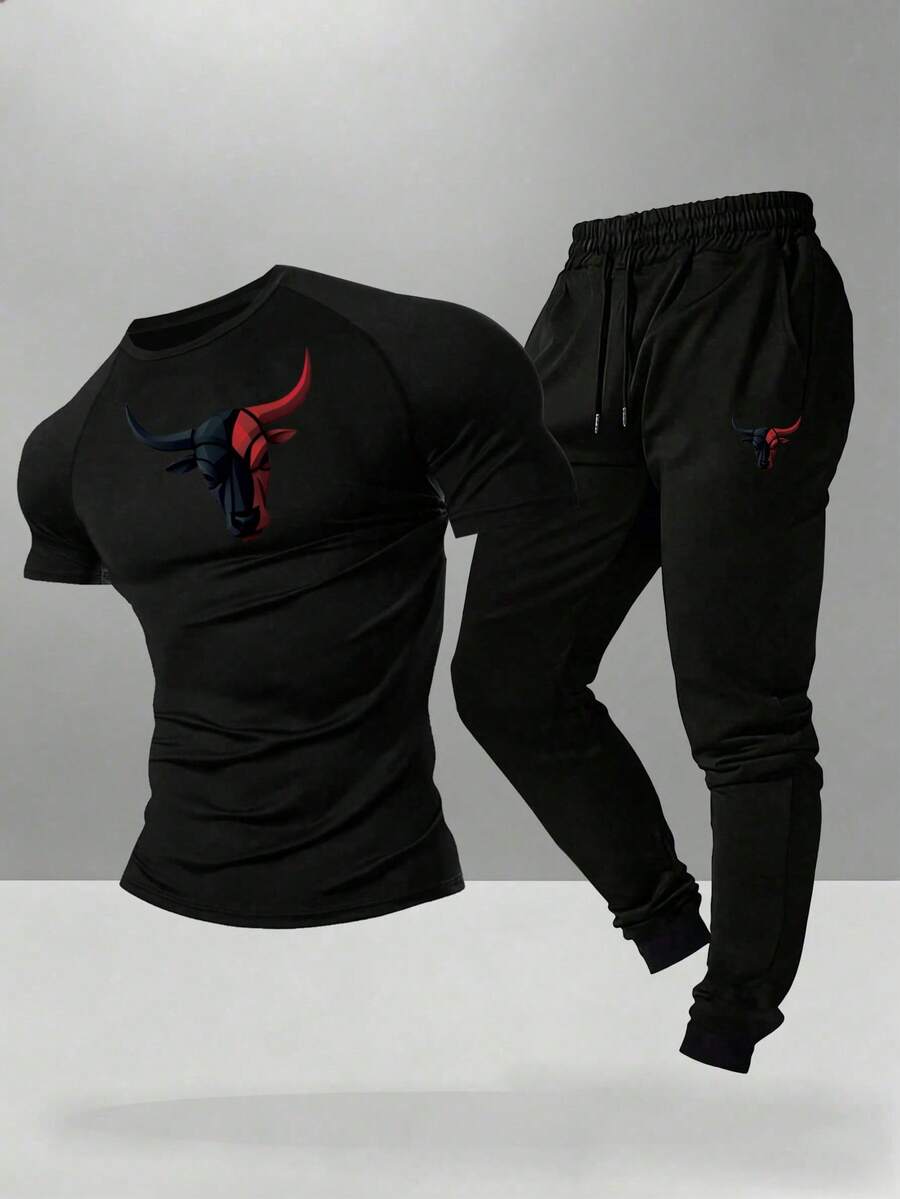 Gym Rark Men's Bull Head Print T-Shirt And Long Pants Sports Set - Black - View 1