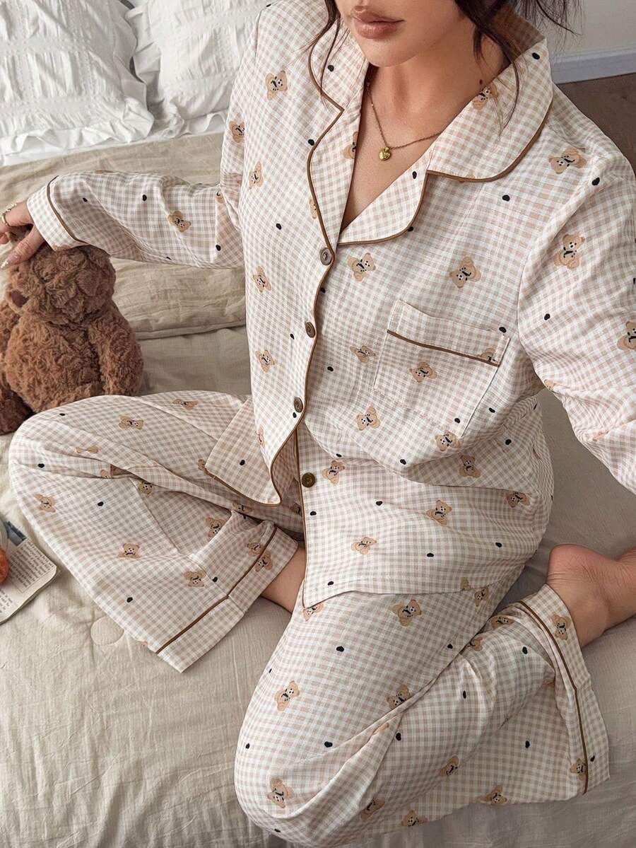 Napfluff Bubble Crinkle Plaid Bear Print Cardigan Collar Pajama Set - Khaki - View 1
