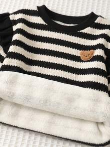 Cozy Pixies Baby Girl Toddler Girl Cartoon Animal Embroidered Patch Pattern Knitted Soft Striped Round Neck Long Sleeve Ruffle Sleeve Pullover Sweatshirt Elastic Waist Slim Fit Long Pants 2-Piece Set Cute Outfit - Black and White - View 3