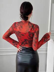 EastFlair Plus Size Women's Fashion Sexy Dragon Pattern Mesh Frog Button Top Autumn Date Night Brunch Cocktail Red - Red - View 2