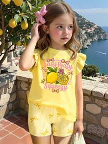 Girls' Fashion Fresh Lemon Flower Pink Bow Letter Pattern Printed Basic Flying Sleeve Short T Plus Cycling Pants Set - Multicolor - View 4