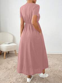 SHEIN Essnce 女式纯色圆领短袖腰带口袋长款休闲连衣裙 - 粉色 - 查看 2