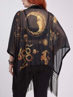 Hippie Dark Witch Star Moon Skull Print Sheer Mesh Hem Tassel Plus Size Women Loose Cover-Up Jacket